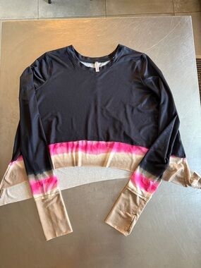 Long-Sleeve Black Crop Top with Pink and Tan Tie-Dye Accent top with thumb holes
